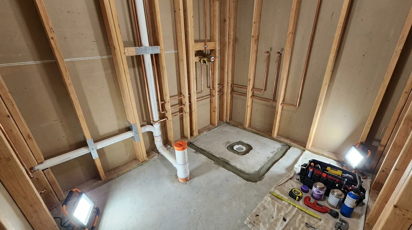 Bathroom rough-in plumbing during remodel by Johns Plumbing LLC in Topeka