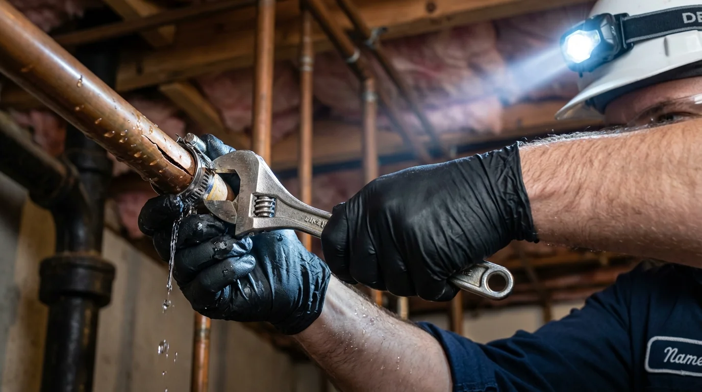 Emergency pipe clamp repair being performed by a Johns Plumbing LLC plumber in Topeka