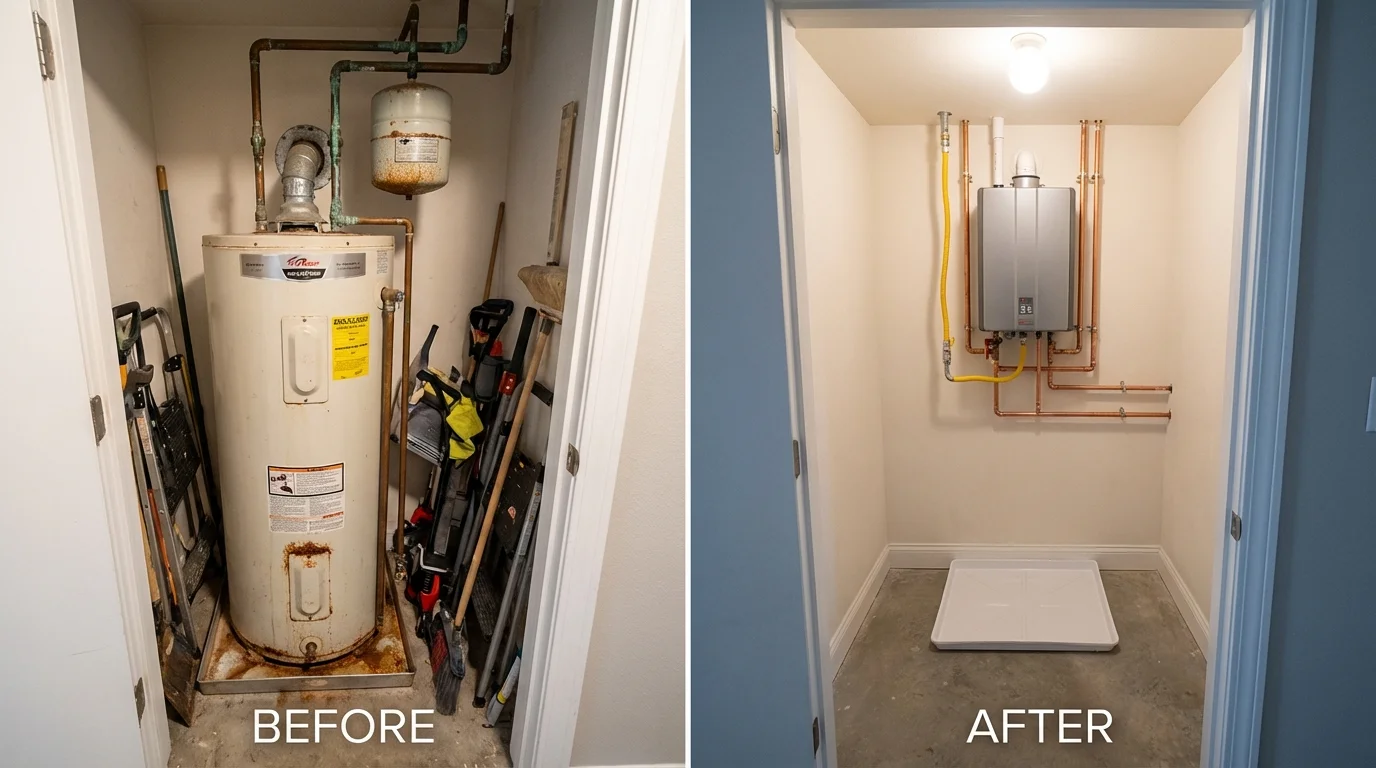 Tank water heater versus wall-mounted tankless unit comparison for Topeka, KS homeowners