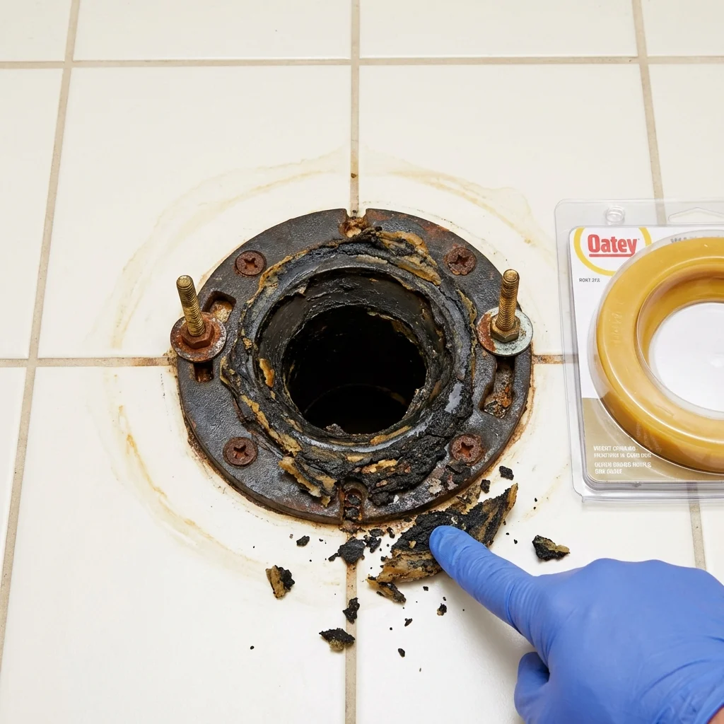 Failed wax ring showing water seepage at the base of a toilet in a Topeka, KS home