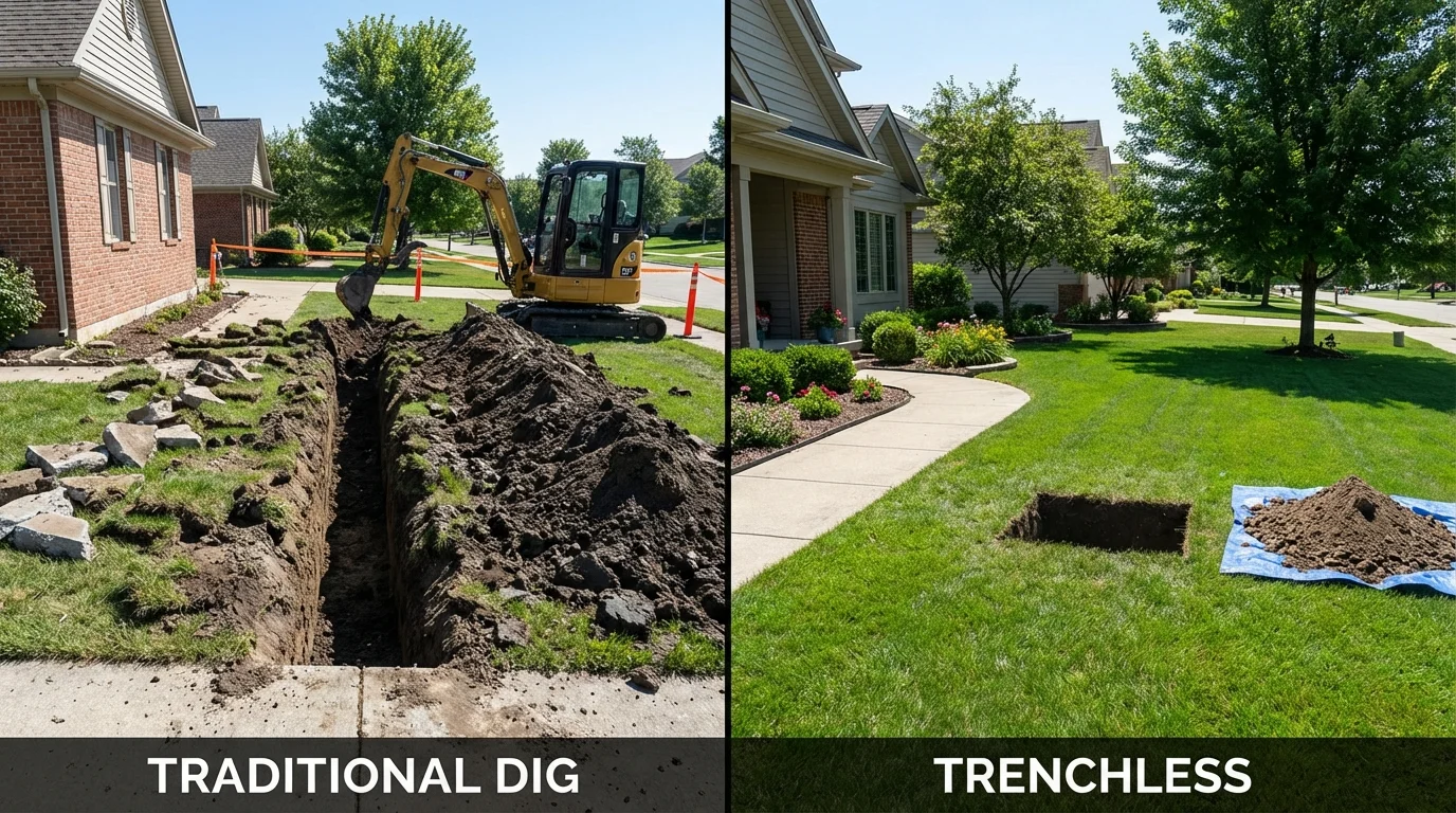 Trenchless sewer repair with minimal yard damage versus traditional excavation in Topeka, KS