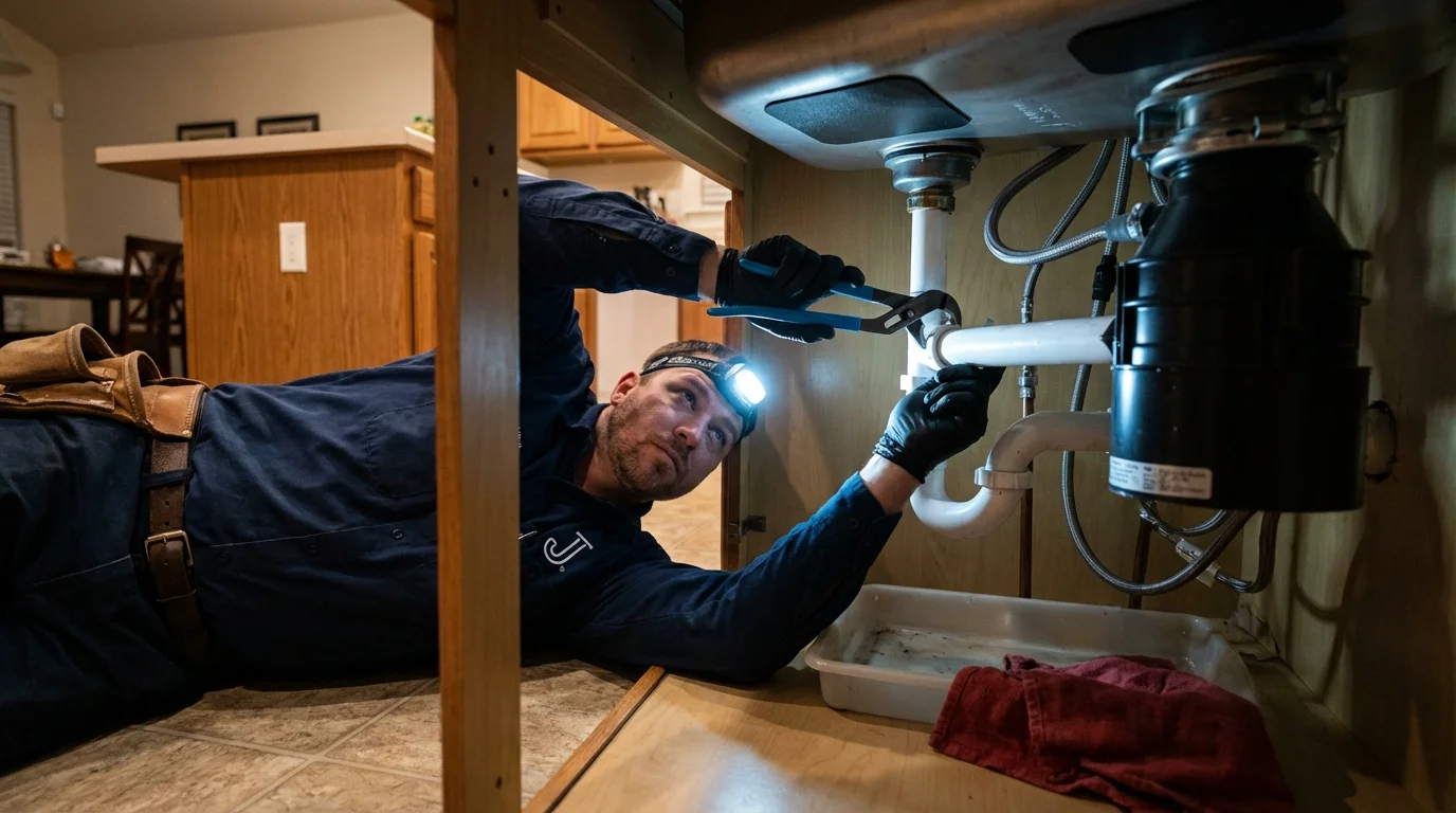 P-trap and supply line connections under a kitchen sink showing a common leak point in Topeka, KS